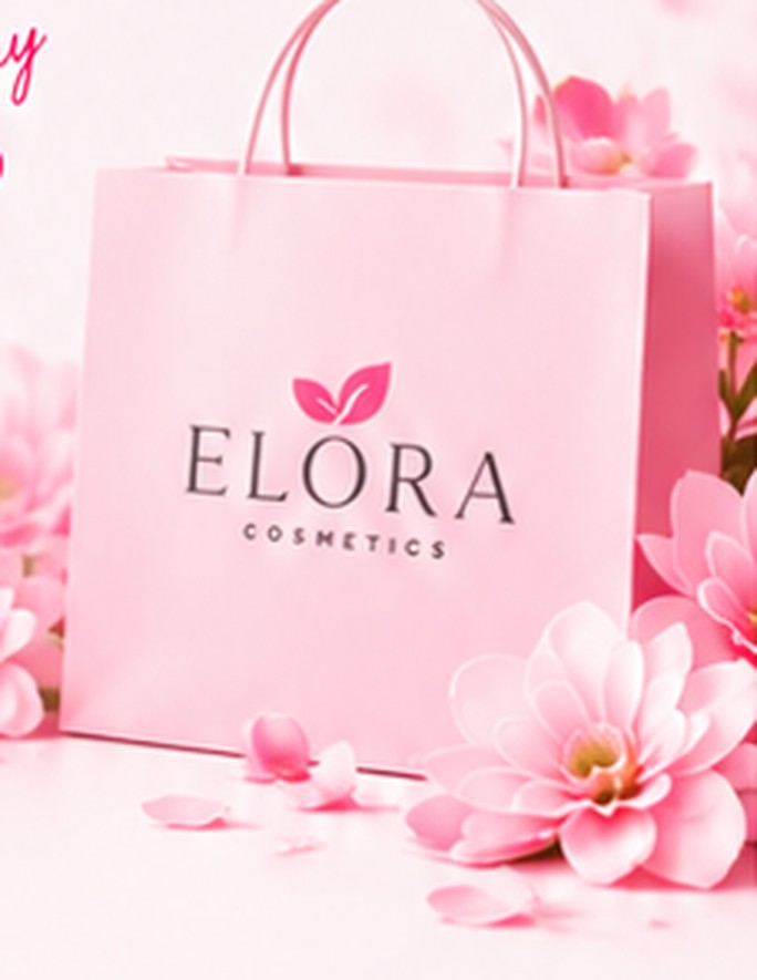 Elora Cosmetics shopping bag surrounded by pink flowers